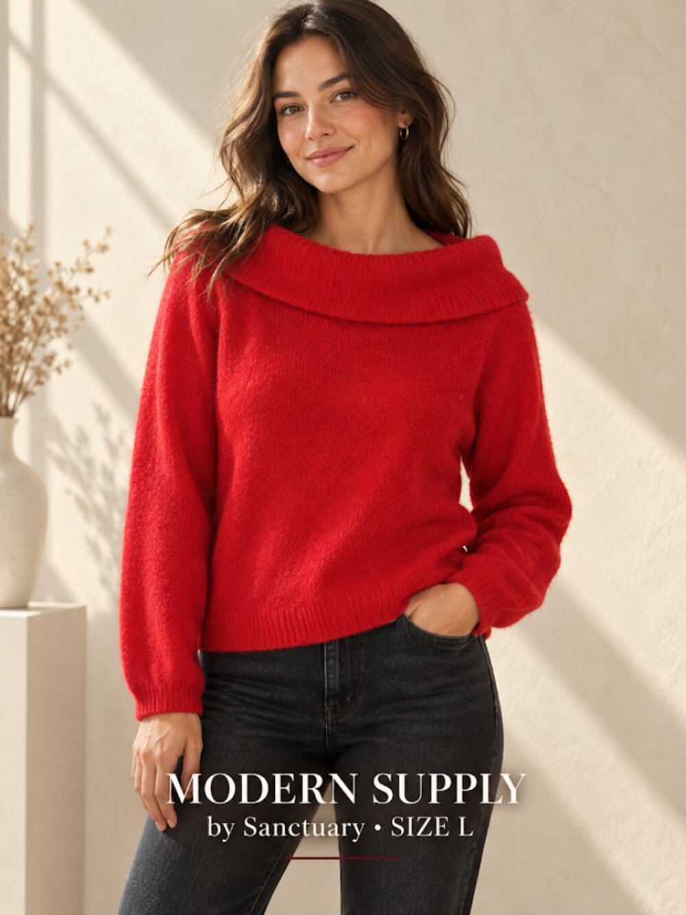 Modern Supply by Sanctuary Red Foldover Cowl Neck Knit Sweater - Size L